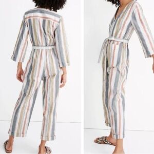 Madewell NWT Striped V-neck Jumpsuit in Gray, White, and Tan